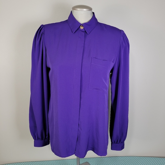 1980s purple puff sleeve statement blouse - Picture 1 of 8